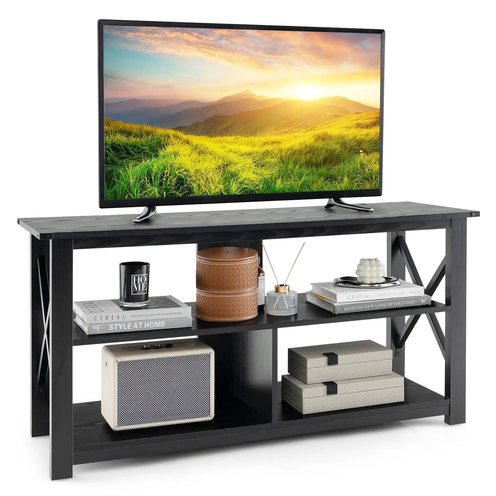 3 Tier Wood TV Stand for 55-Inch with Open Shelves and X-Shaped Frame by DirectDeals
