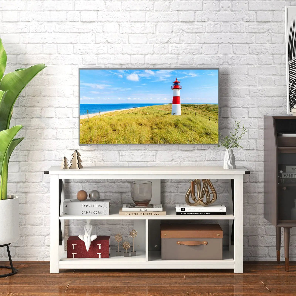 3 Tier Wood TV Stand for 55-Inch with Open Shelves and X-Shaped Frame by DirectDeals