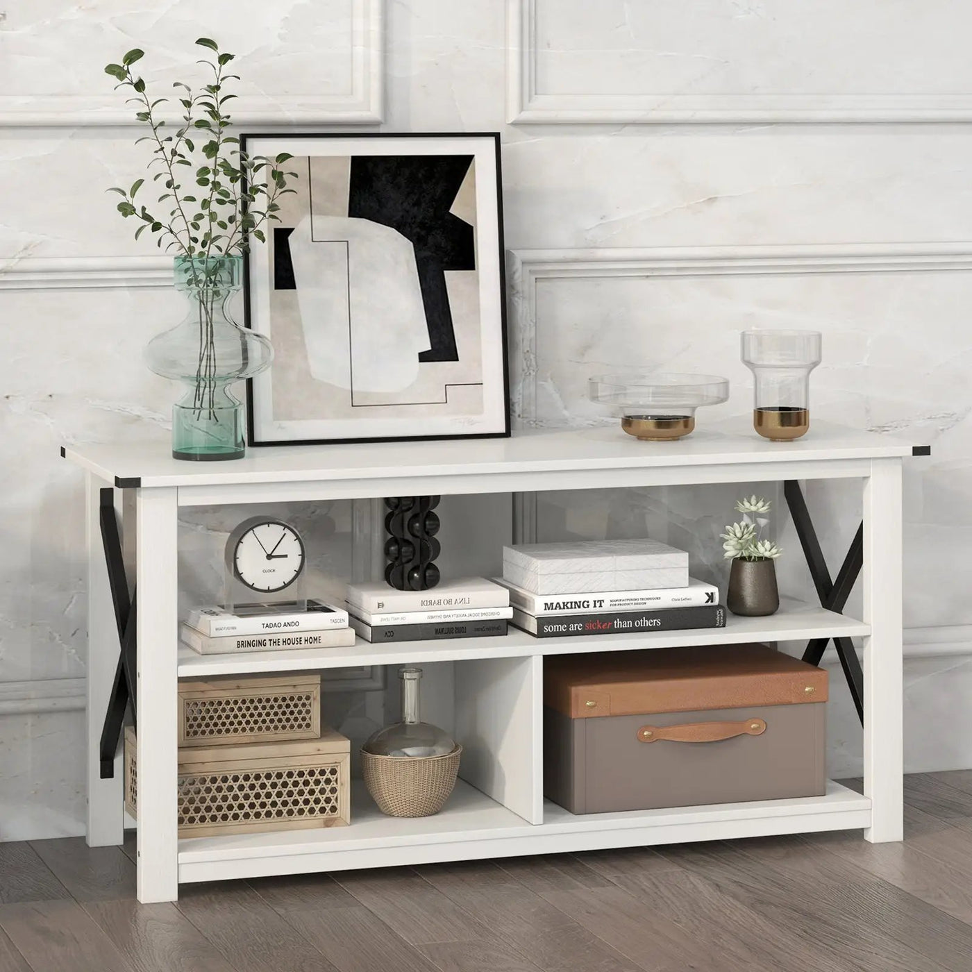 3 Tier Wood TV Stand for 55-Inch with Open Shelves and X-Shaped Frame by DirectDeals