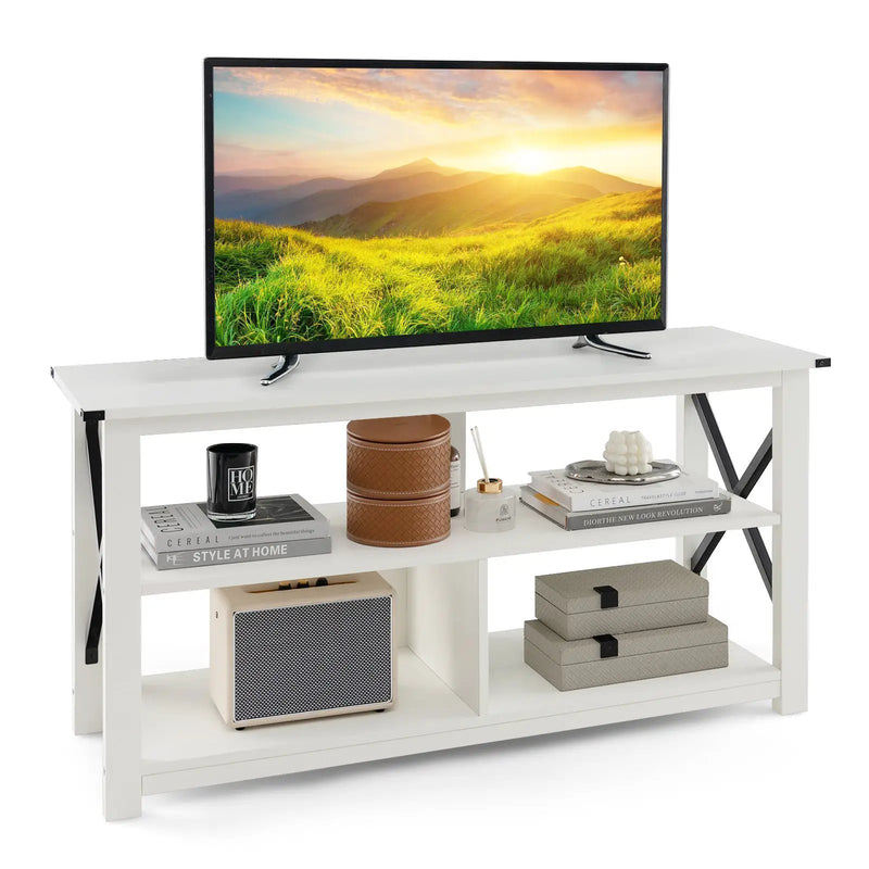 3 Tier Wood TV Stand for 55-Inch with Open Shelves and X-Shaped Frame by DirectDeals