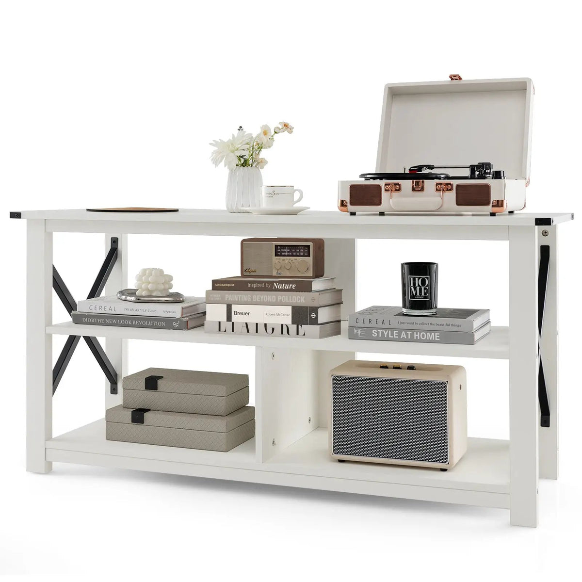 3 Tier Wood TV Stand for 55-Inch with Open Shelves and X-Shaped Frame by DirectDeals
