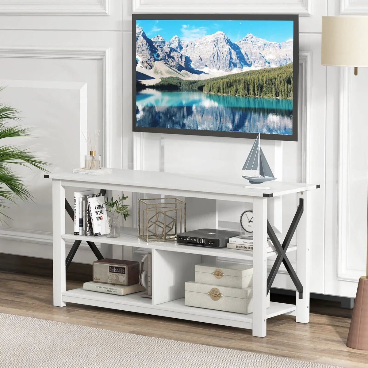 3 Tier Wood TV Stand for 55-Inch with Open Shelves and X-Shaped Frame by DirectDeals
