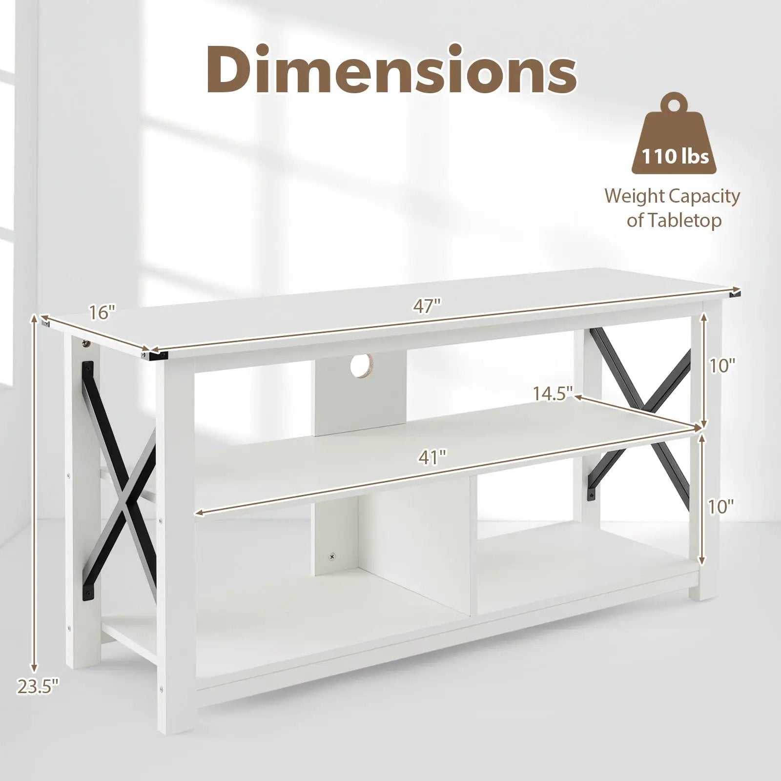 3 Tier Wood TV Stand for 55-Inch with Open Shelves and X-Shaped Frame by DirectDeals