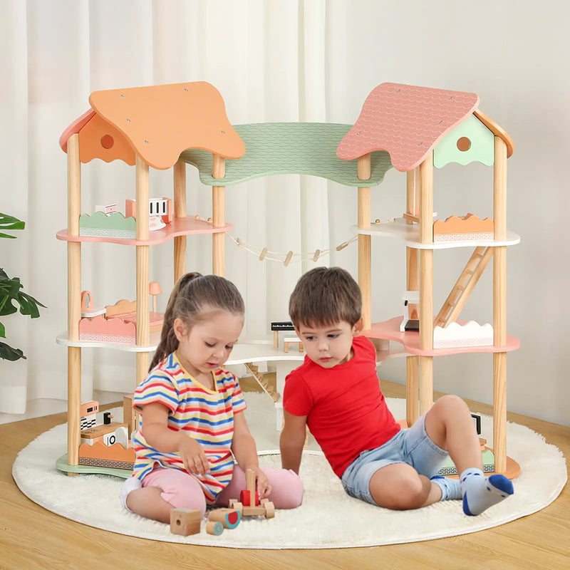 3-Tier Wooden Dollhouse for Kids Aged 3-8 Years Old with 32 Pieces of Accessories-Multicolor by DirectDeals