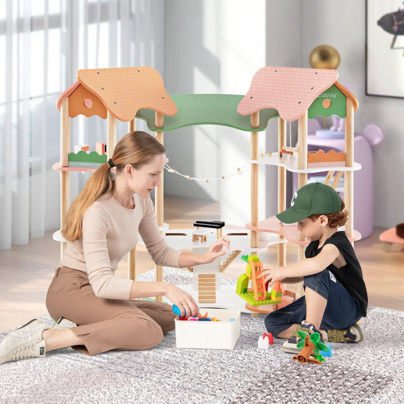 3-Tier Wooden Dollhouse for Kids Aged 3-8 Years Old with 32 Pieces of Accessories-Multicolor by DirectDeals