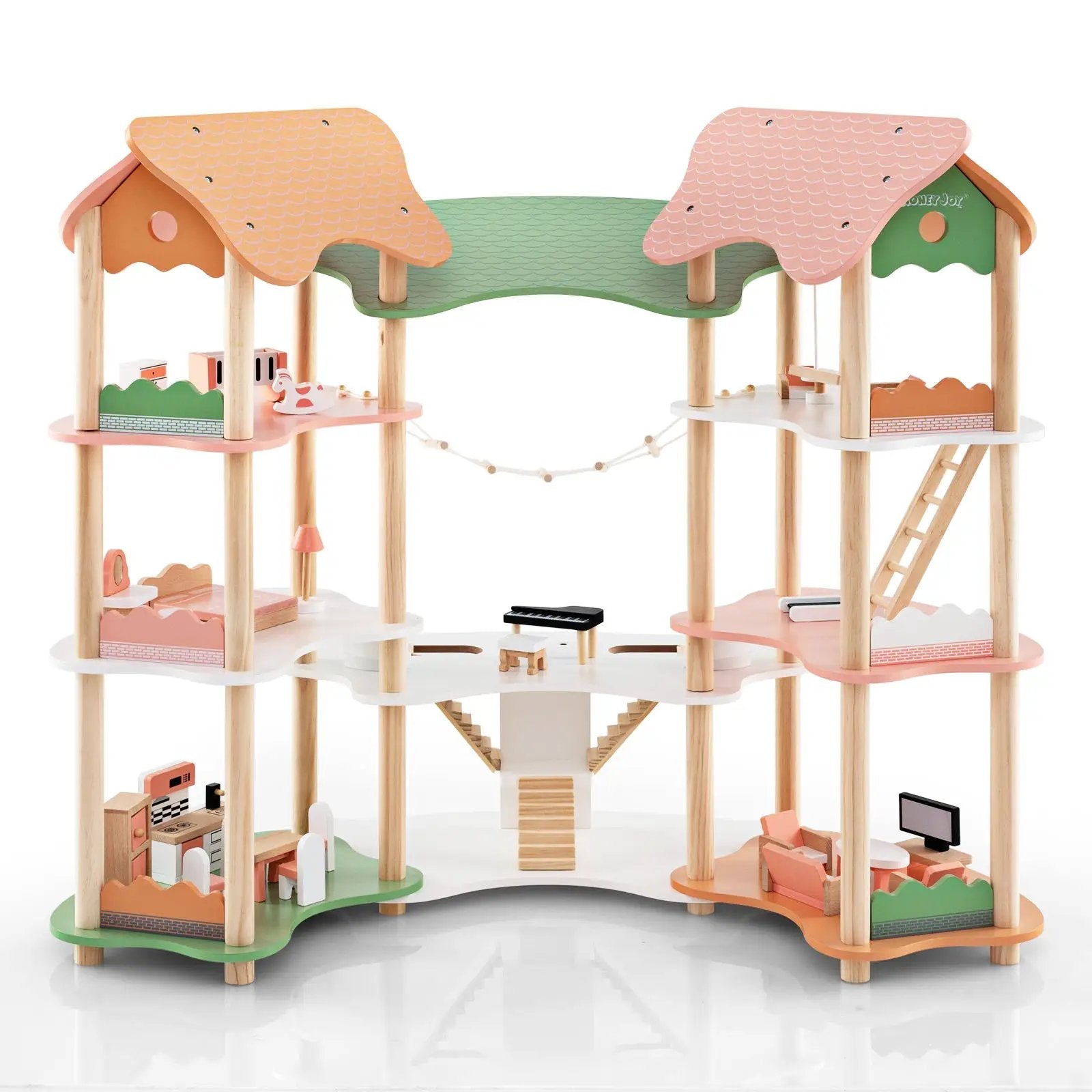 3-Tier Wooden Dollhouse for Kids Aged 3-8 Years Old with 32 Pieces of Accessories-Multicolor by DirectDeals