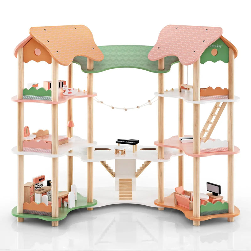 3-Tier Wooden Dollhouse for Kids Aged 3-8 Years Old with 32 Pieces of Accessories-Multicolor by DirectDeals