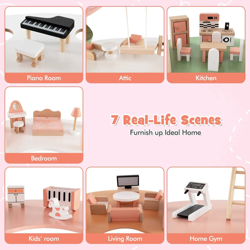 3-Tier Wooden Dollhouse for Kids Aged 3-8 Years Old with 32 Pieces of Accessories-Multicolor by DirectDeals