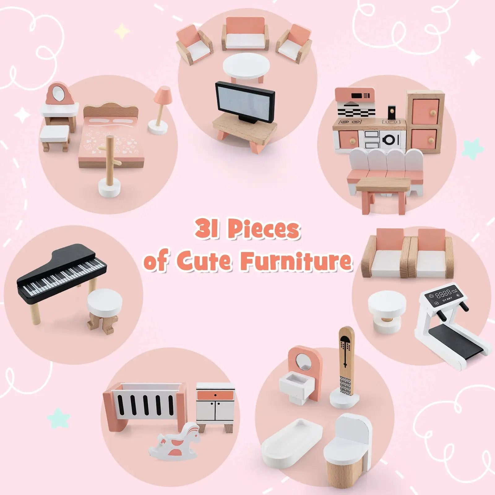 3-Tier Wooden Dollhouse for Kids Aged 3-8 Years Old with 32 Pieces of Accessories-Multicolor by DirectDeals