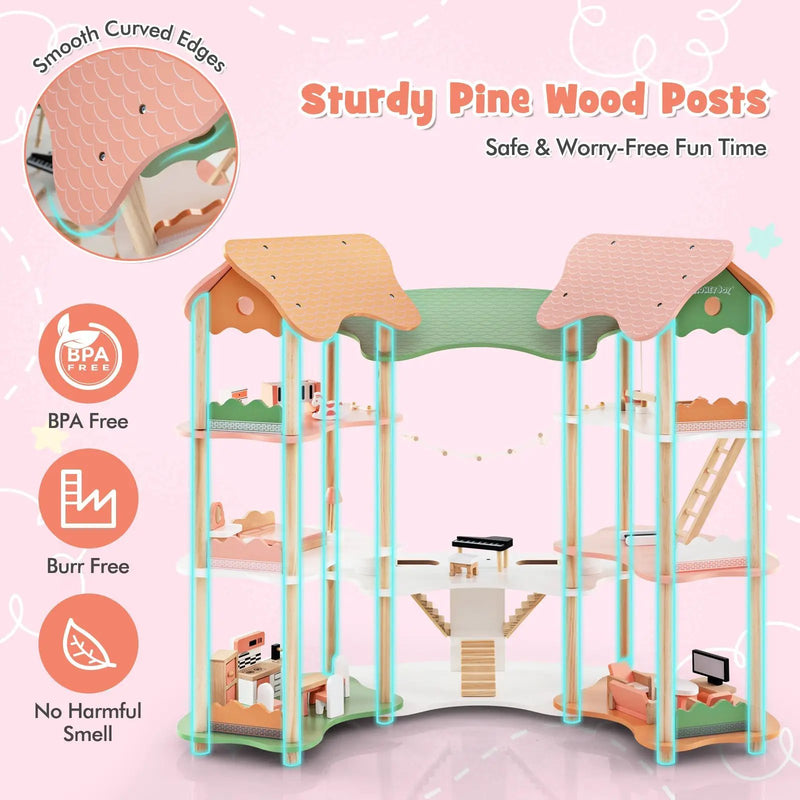 3-Tier Wooden Dollhouse for Kids Aged 3-8 Years Old with 32 Pieces of Accessories-Multicolor by DirectDeals