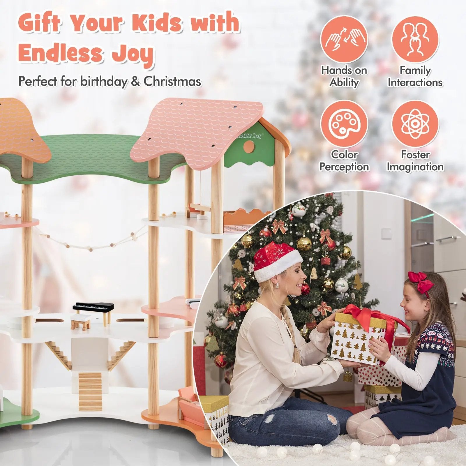 3-Tier Wooden Dollhouse for Kids Aged 3-8 Years Old with 32 Pieces of Accessories-Multicolor by DirectDeals