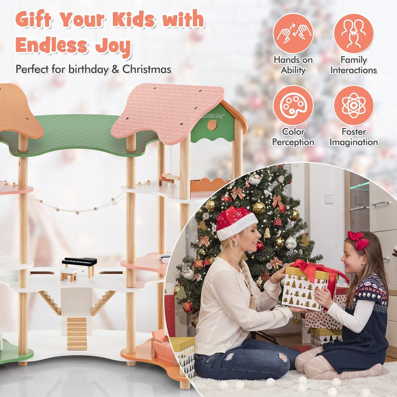 3-Tier Wooden Dollhouse for Kids Aged 3-8 Years Old with 32 Pieces of Accessories-Multicolor by DirectDeals