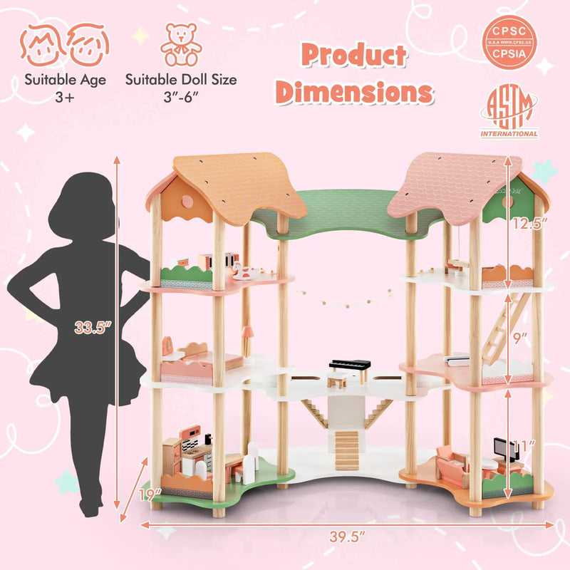 3-Tier Wooden Dollhouse for Kids Aged 3-8 Years Old with 32 Pieces of Accessories-Multicolor by DirectDeals