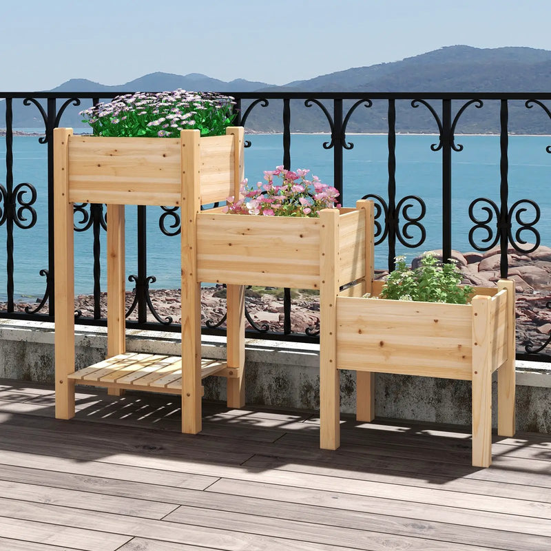 3-Tier Wooden Raised Garden Bed with Open Storage Shelf-Natural by DirectDeals