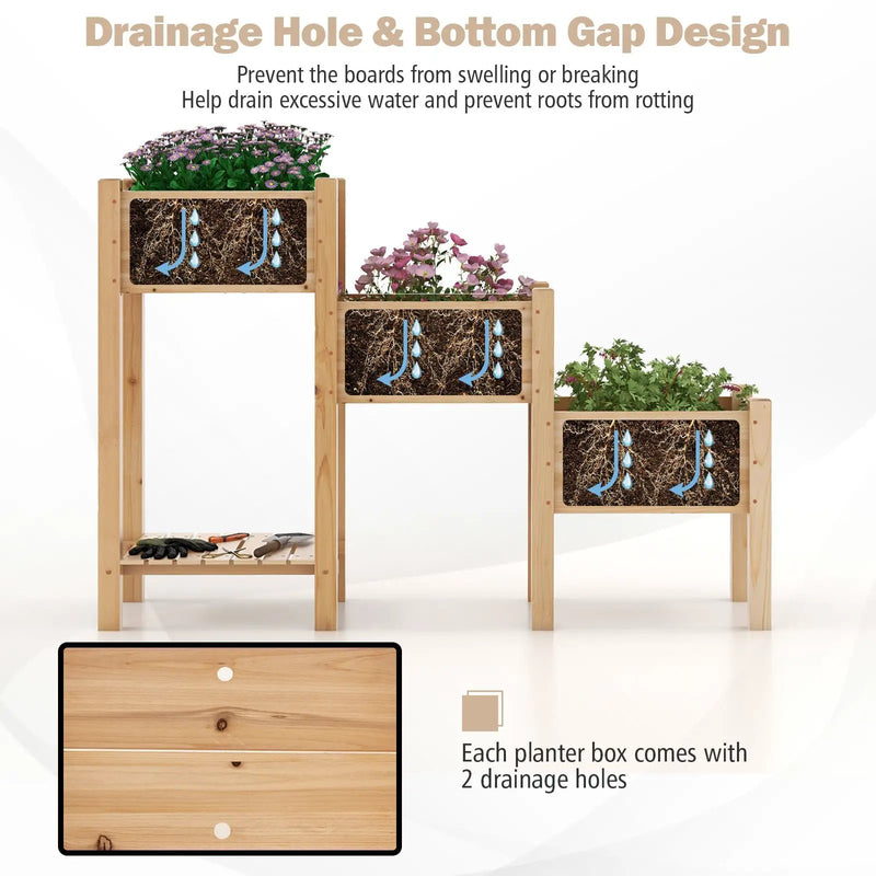 3-Tier Wooden Raised Garden Bed with Open Storage Shelf-Natural by DirectDeals