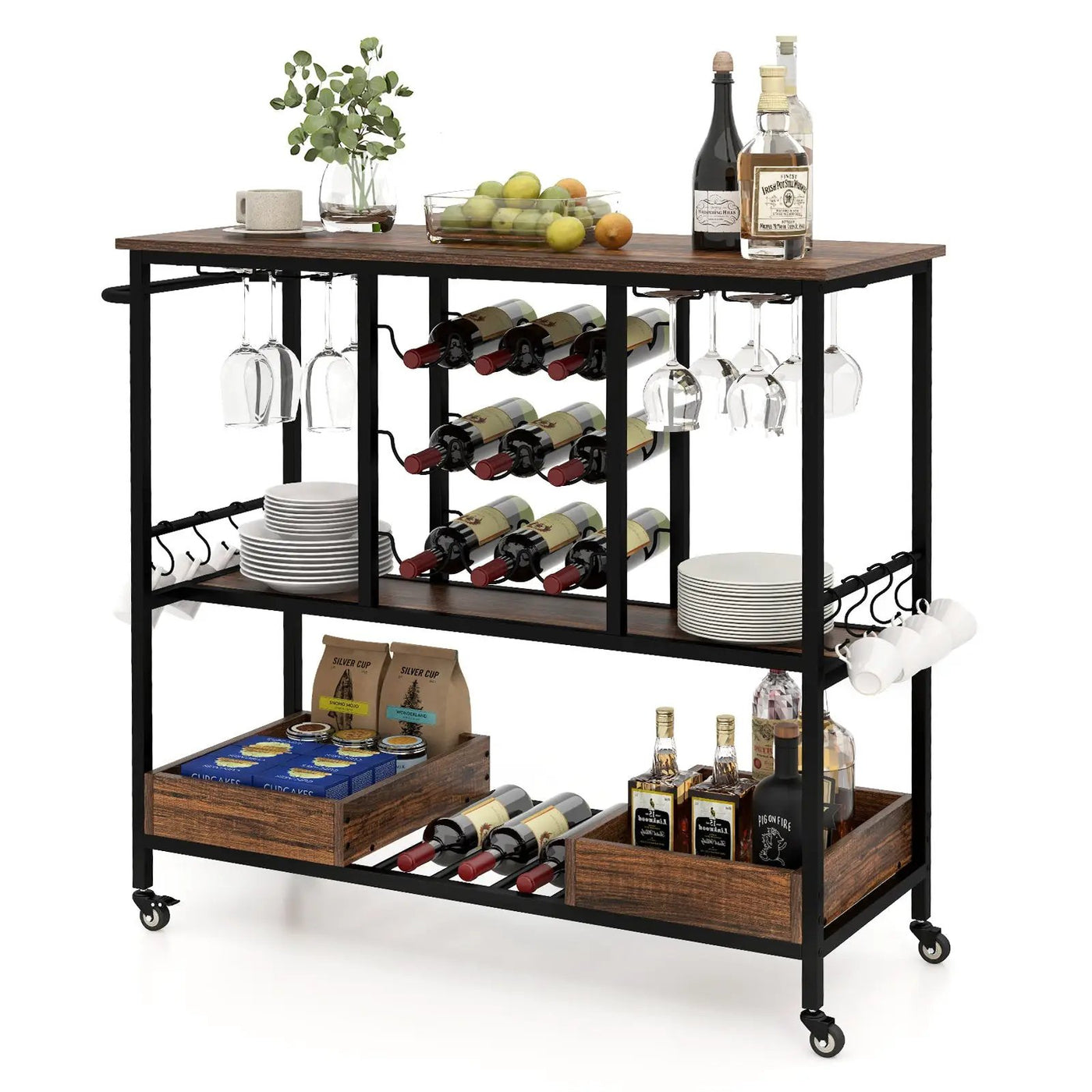 3 Tiers Bar Cart on Wheels with Glass Racks by DirectDeals