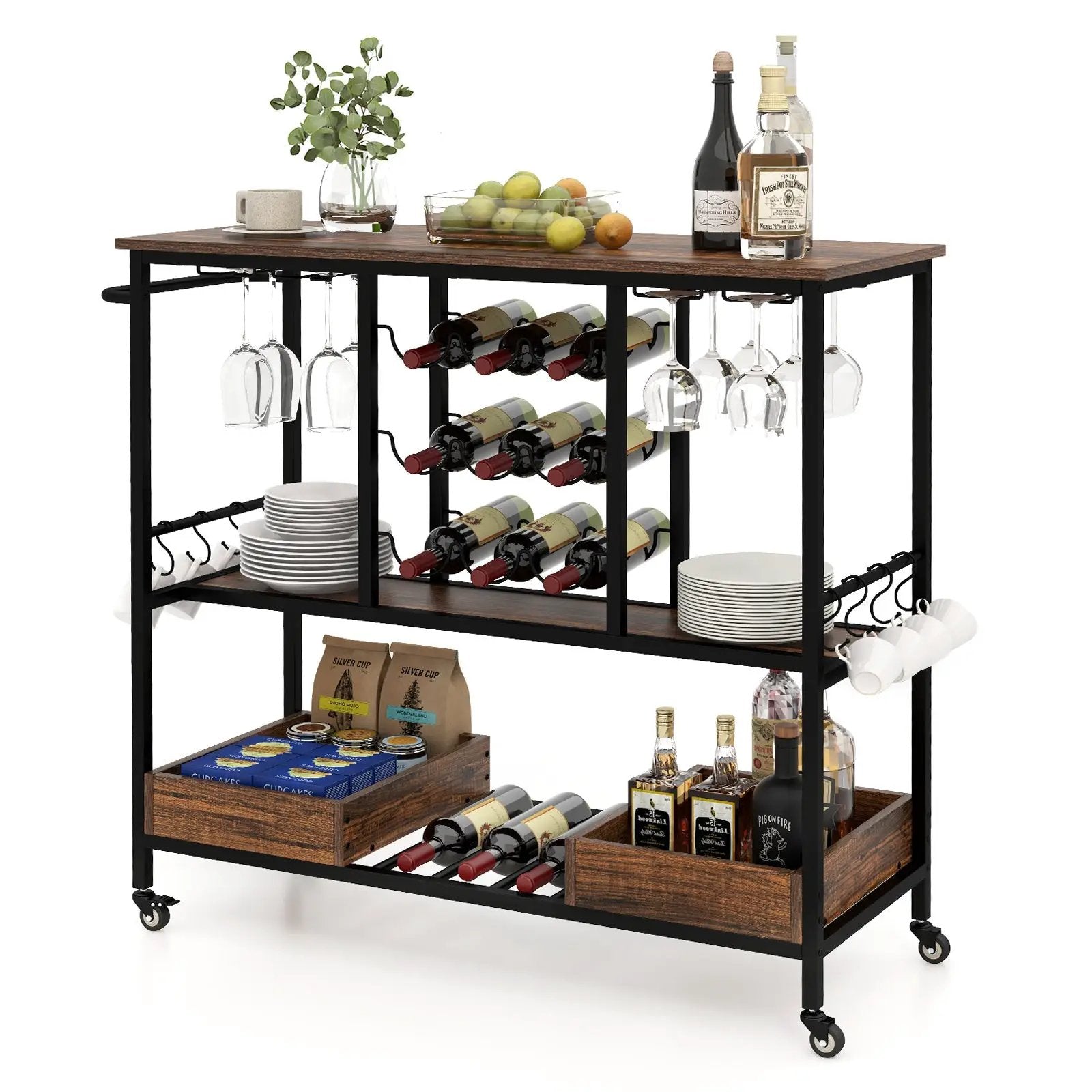 3 Tiers Bar Cart on Wheels with Glass Racks by DirectDeals