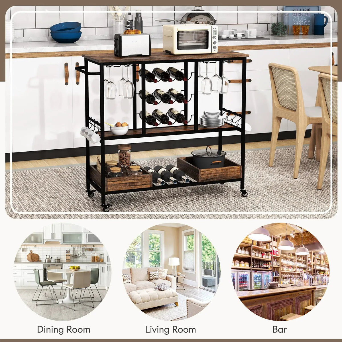 3 Tiers Bar Cart on Wheels with Glass Racks by DirectDeals