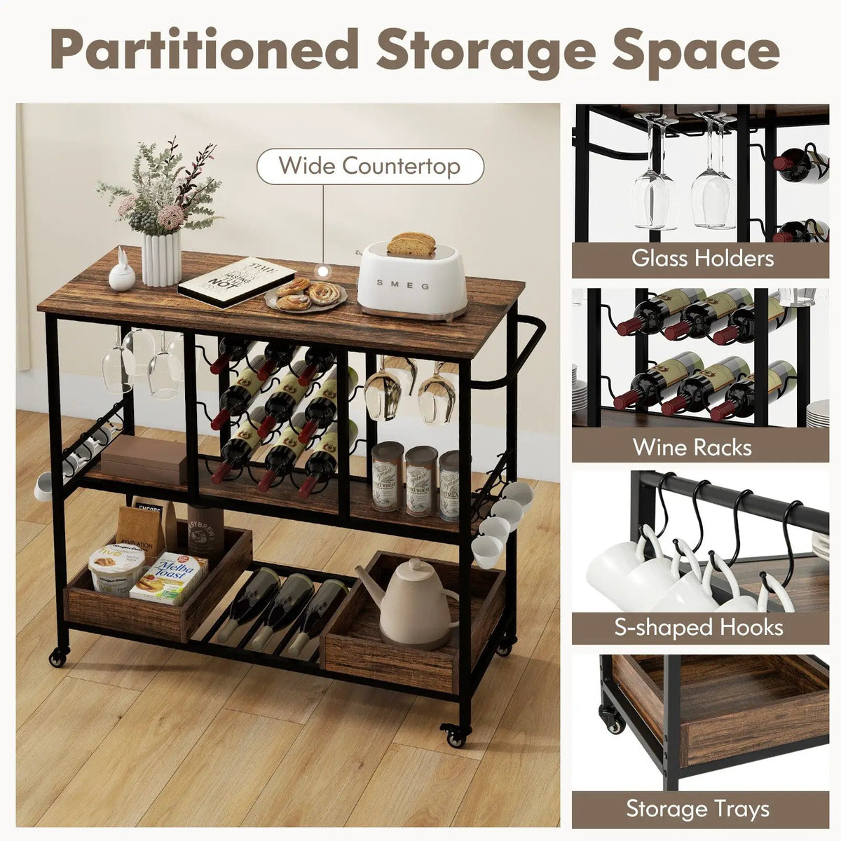 3 Tiers Bar Cart on Wheels with Glass Racks by DirectDeals