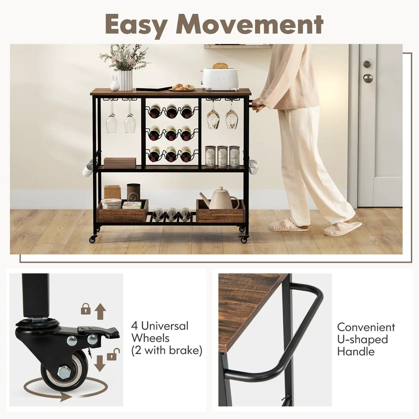 3 Tiers Bar Cart on Wheels with Glass Racks by DirectDeals