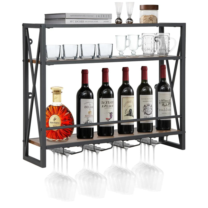 3-Tiers Industrial Wall Mounted Wine Rack with Glass Holder and Metal Frame by DirectDeals