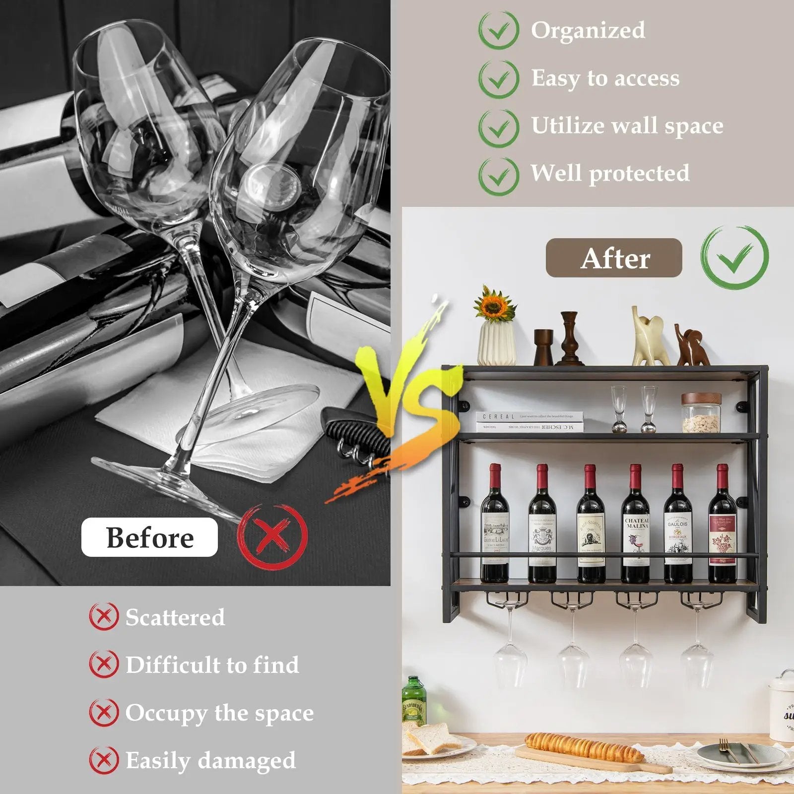 3-Tiers Industrial Wall Mounted Wine Rack with Glass Holder and Metal Frame by DirectDeals