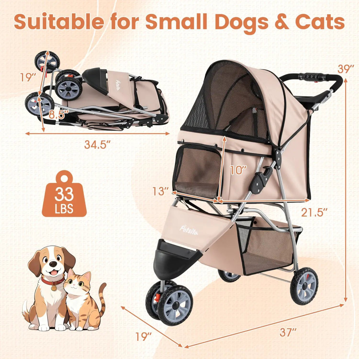3 Wheel Pet Stroller for Small Dogs Cats up to 33 LBS by DirectDeals
