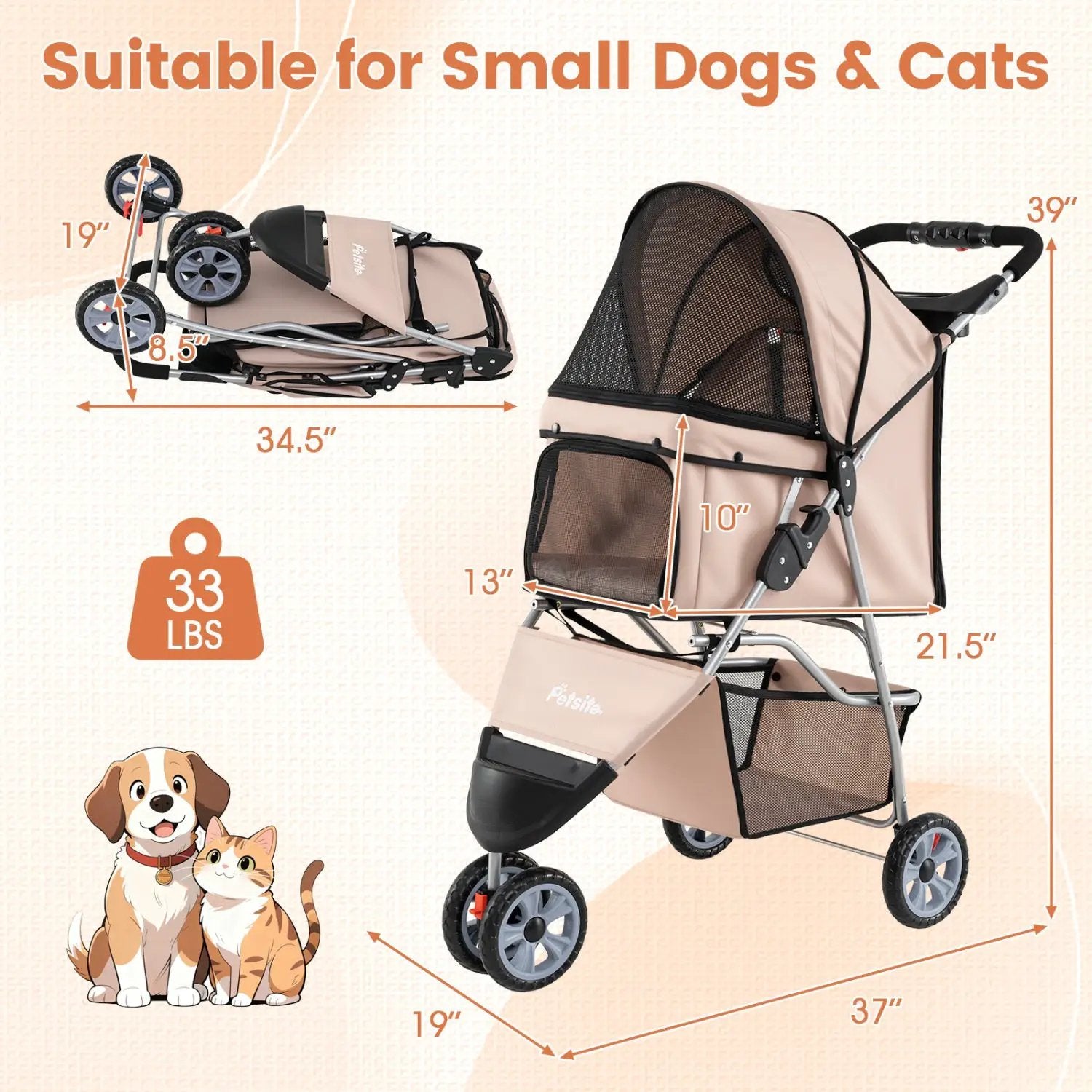 3 Wheel Pet Stroller for Small Dogs Cats up to 33 LBS by DirectDeals