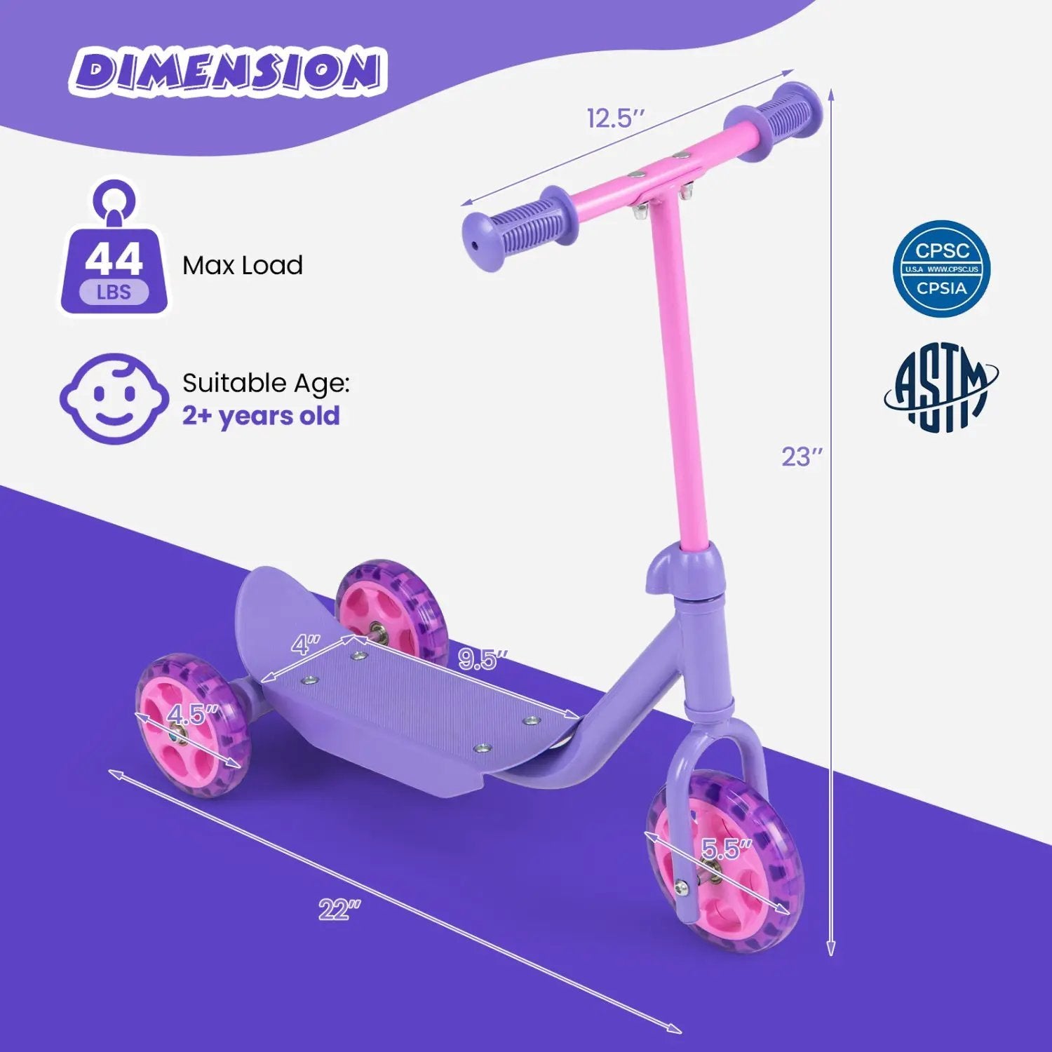 3 Wheels Scooter for Kids Age 2+ with LED Light-Up Wheels and Wide Anti-Slip Deck by DirectDeals
