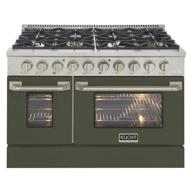 Kucht 48" Gas Range in Stainless Steel with Olive Green Oven Doors, KNG481-OG by Farmhouse Kitchen and Bath
