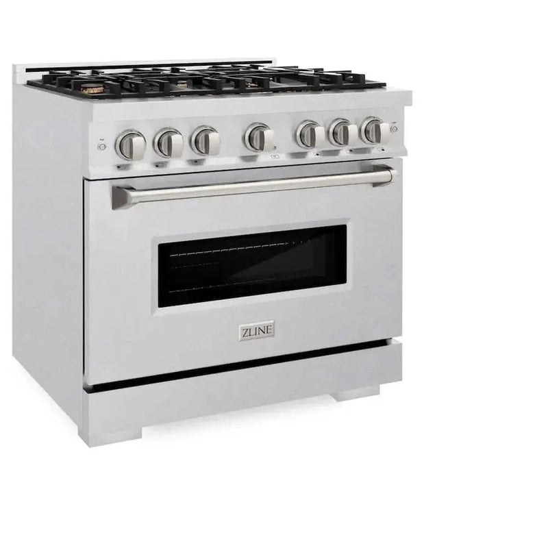 ZLINE 36" Dual Fuel Range, Gas Cooktop, Electric Convection Oven DuraSnow® Stainless Steel, Brass Burners CDRS-BR-36 by Farmhouse Kitchen and Bath