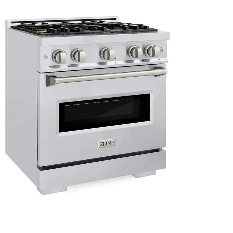 ZLINE 30" Dual Fuel Range, Gas Cooktop, Electric Convection Oven DuraSnow® Stainless Steel, Brass Burners CDRS-BR-30 by Farmhouse Kitchen and Bath