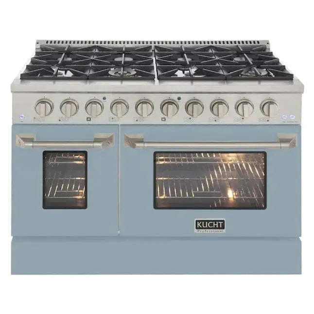 Kucht 48" Propane Range in Stainless Steel, Light Blue Doors, KNG481/LP-LB by Farmhouse Kitchen and Bath