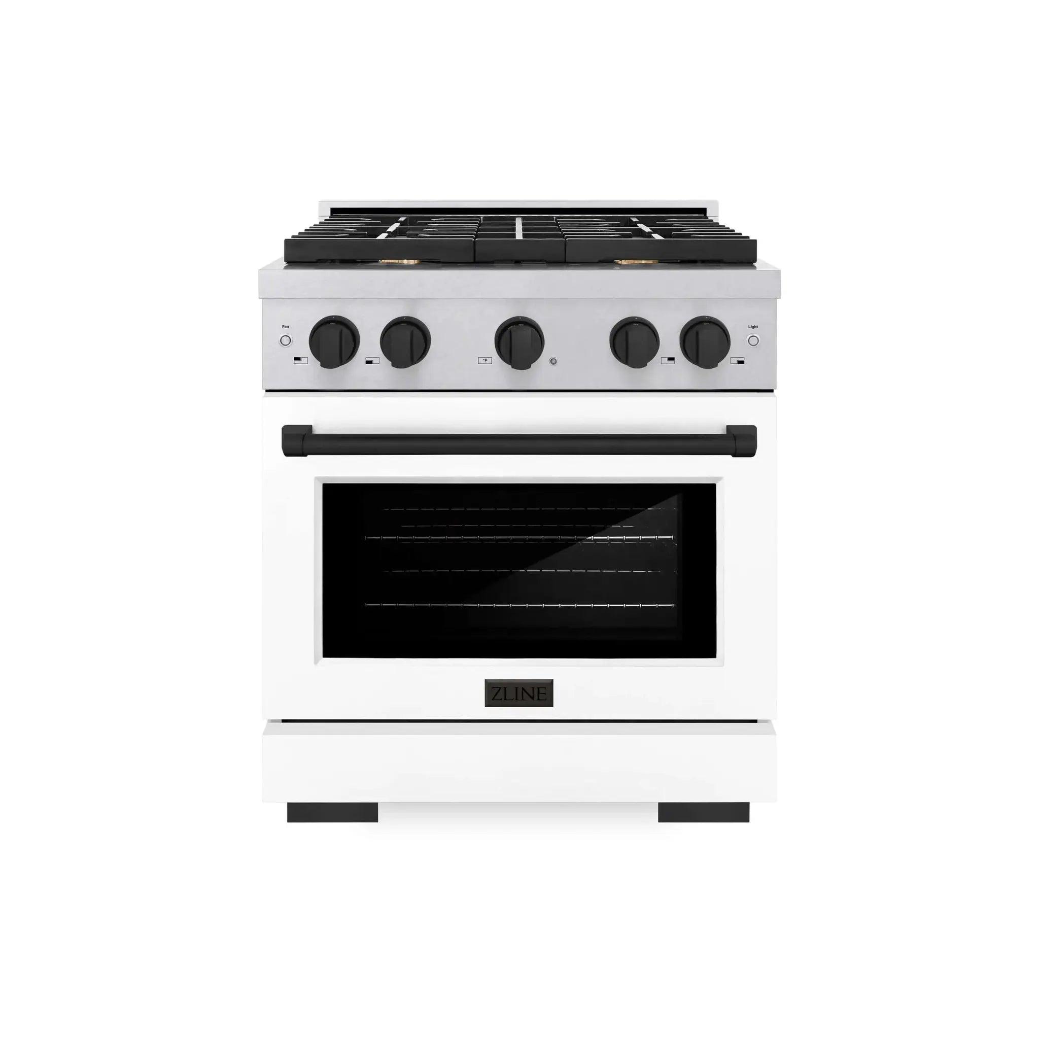 ZLINE 30"Paramount Dual Fuel Range DuraSnow® White Matte, Matte Black SDRSZ-WM-30-MB by Farmhouse Kitchen and Bath