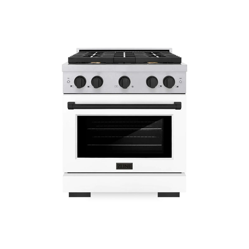 ZLINE 30"Paramount Dual Fuel Range DuraSnow® White Matte, Matte Black SDRSZ-WM-30-MB by Farmhouse Kitchen and Bath
