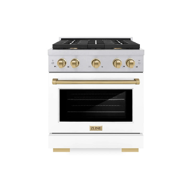 ZLINE 30"Paramount Dual Fuel Range DuraSnow® White Matte, Champagne Bronze SDRSZ-WM-30-CB by Farmhouse Kitchen and Bath