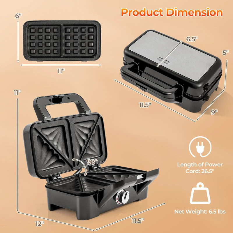 3-in-1 1082W Sandwich Maker with Removable Non-Stick Plates-Black by DirectDeals