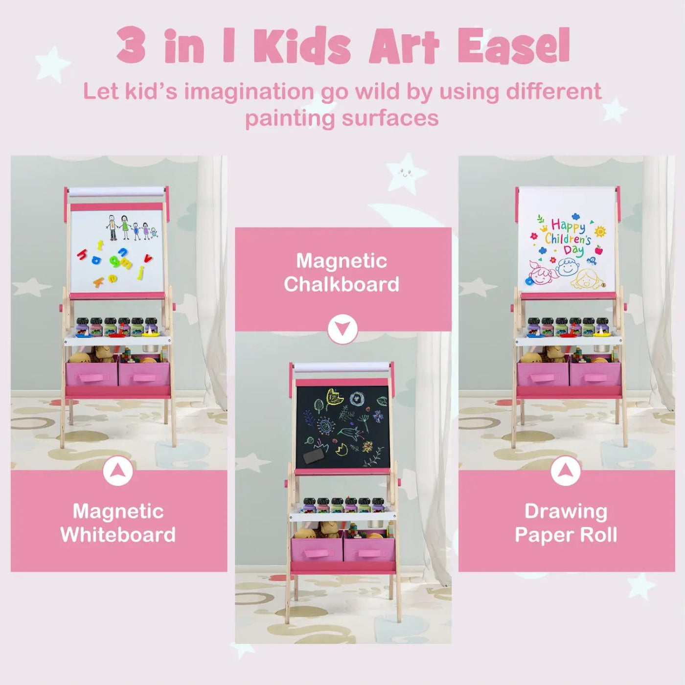 3-in-1 Kids Art Easel with Magnetic Whiteboard & Chalkboard by DirectDeals