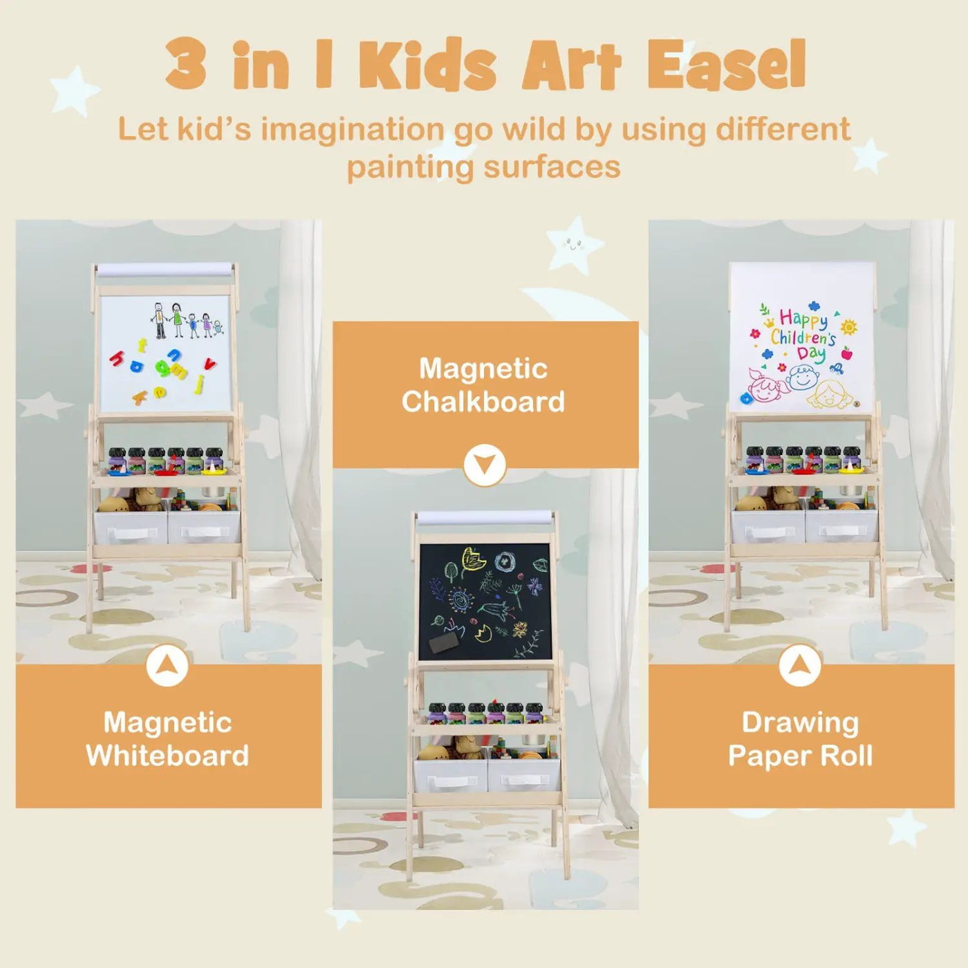 3-in-1 Kids Art Easel with Magnetic Whiteboard & Chalkboard by DirectDeals