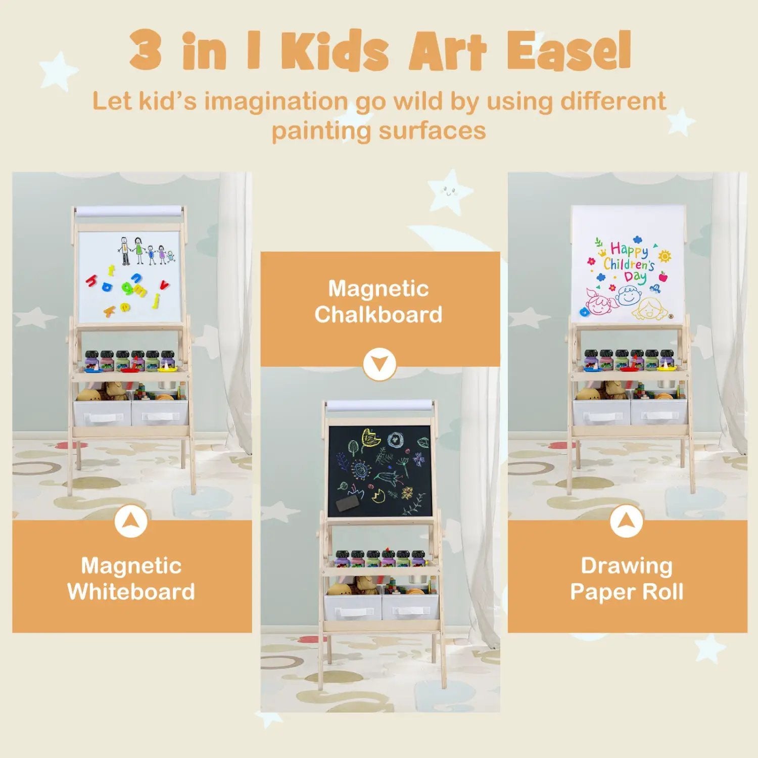 3-in-1 Kids Art Easel with Magnetic Whiteboard & Chalkboard by DirectDeals