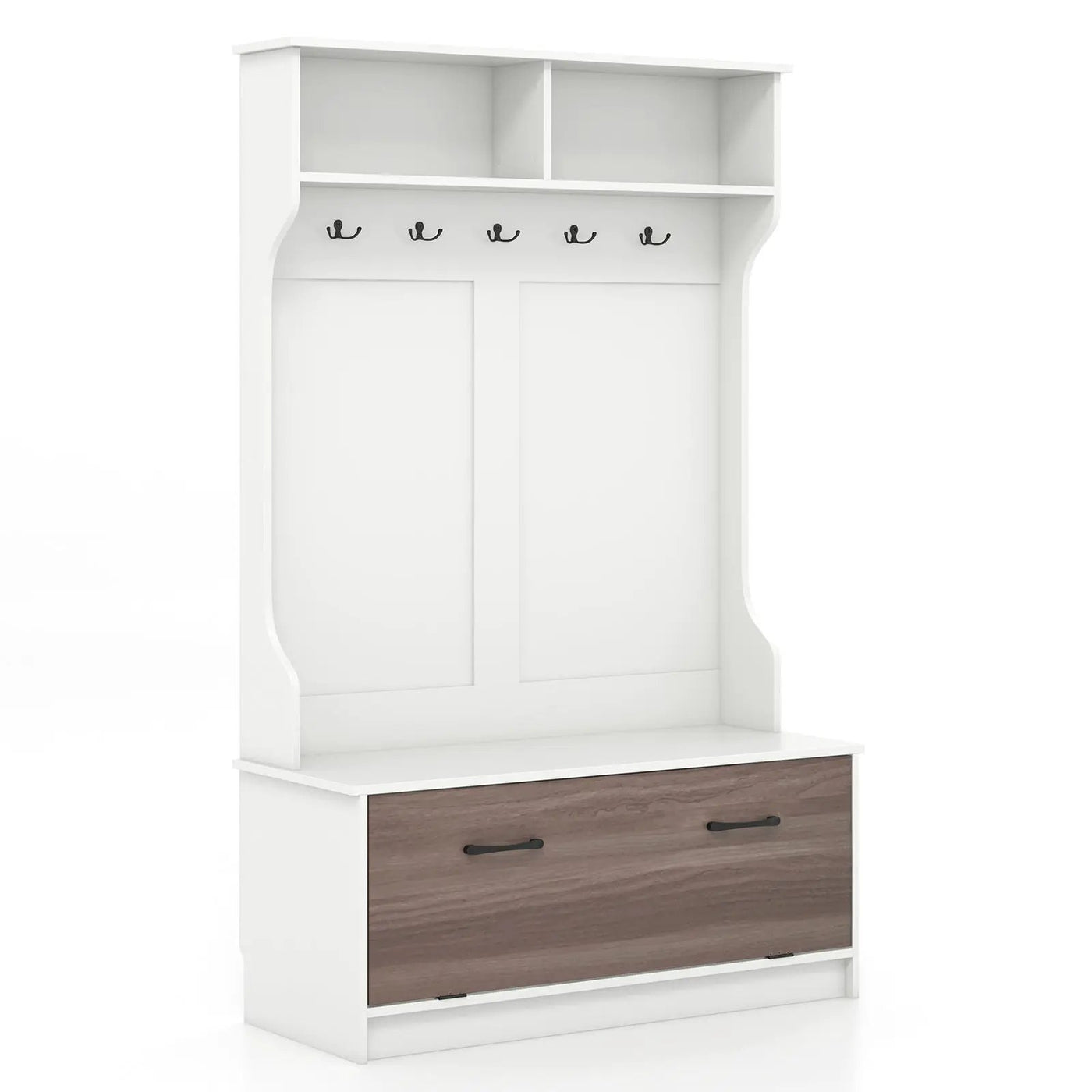 3 in 1 Coat Rack with Entryway Bench and Hooks and Enclosed Cabinet by DirectDeals