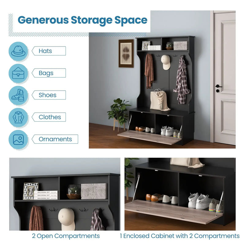 3 in 1 Coat Rack with Entryway Bench and Hooks and Enclosed Cabinet by DirectDeals