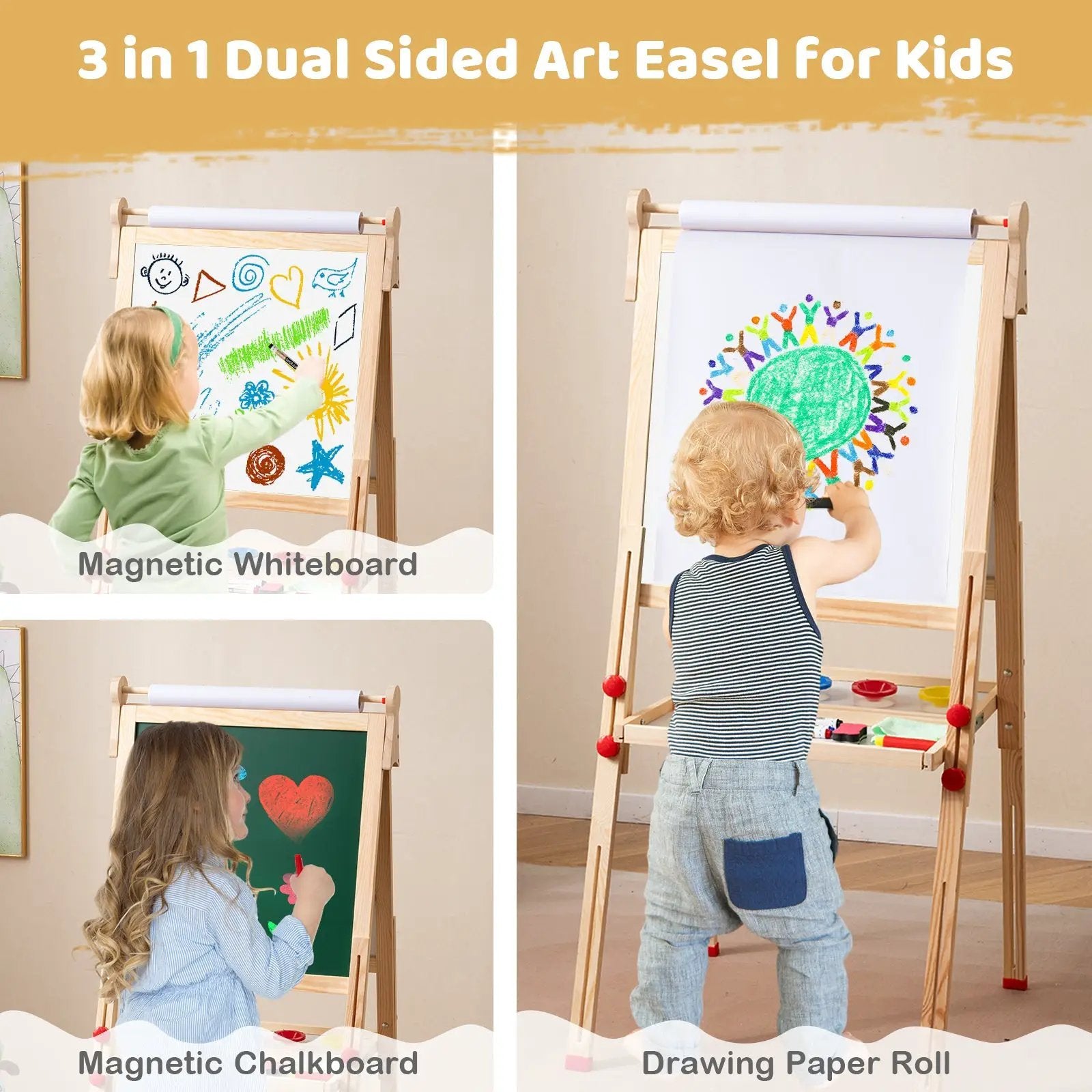 3-in-1 Double-Sided Folding Wooden Kids Art Easel with Paper Roll by DirectDeals