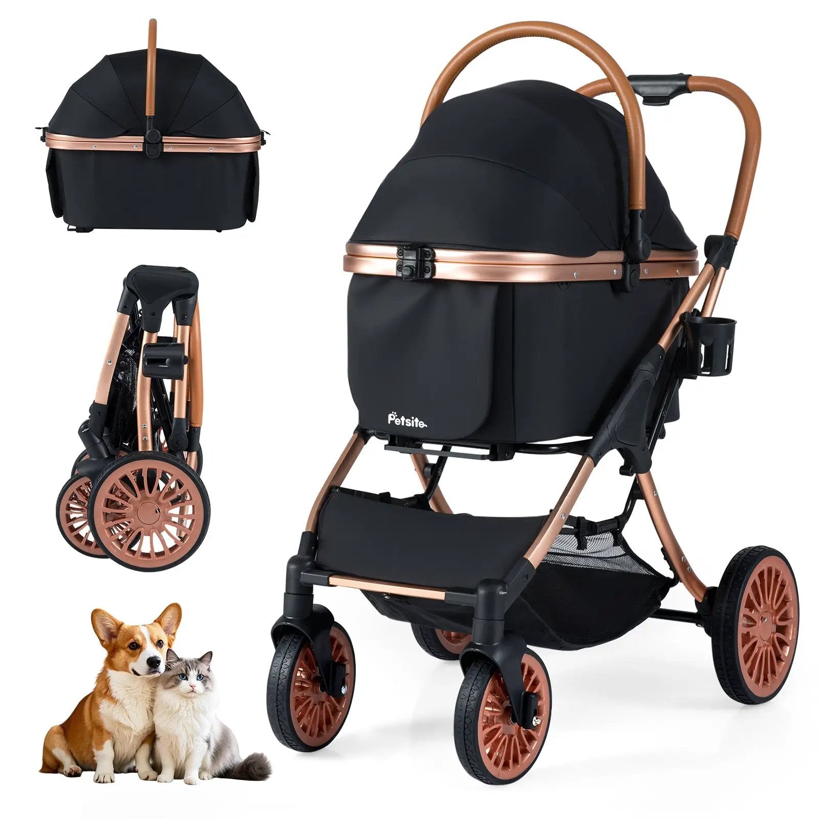 3-in-1 Foldable Pet Stroller with Sun Shade and Safety Belt for up to 55 lbs Small Medium Dogs Cats-Black by DirectDeals