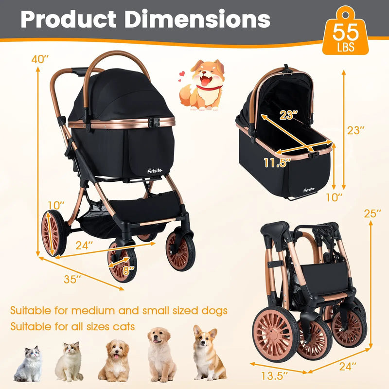 3-in-1 Foldable Pet Stroller with Sun Shade and Safety Belt for up to 55 lbs Small Medium Dogs Cats-Black by DirectDeals