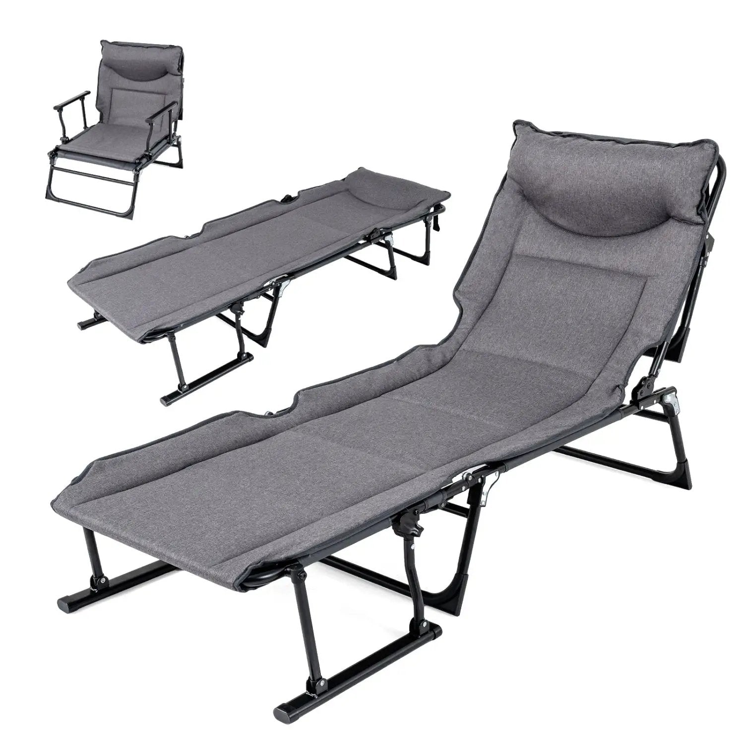 3 in 1 Folding Camping Cot Comfy Padded Convertible Single Sofa Chair-Gray by DirectDeals