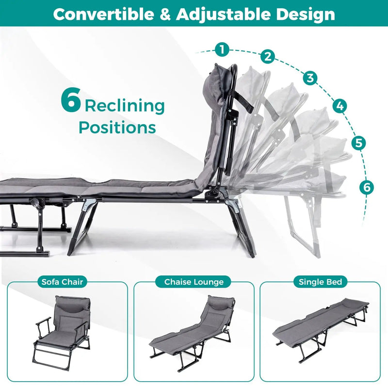 3 in 1 Folding Camping Cot Comfy Padded Convertible Single Sofa Chair-Gray by DirectDeals