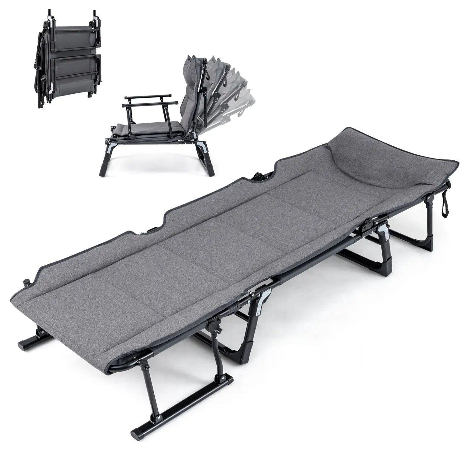 3 in 1 Folding Camping Cot and Comfy Padded Convertible Single Sofa Chair-Gray by DirectDeals
