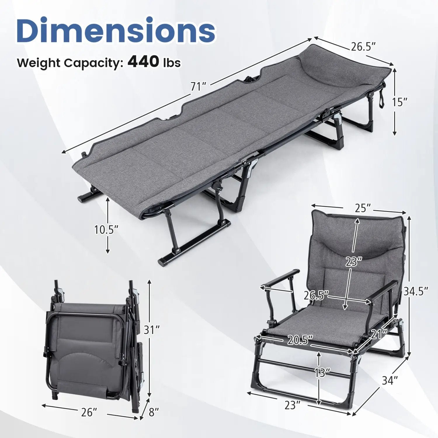 3 in 1 Folding Camping Cot and Comfy Padded Convertible Single Sofa Chair-Gray by DirectDeals