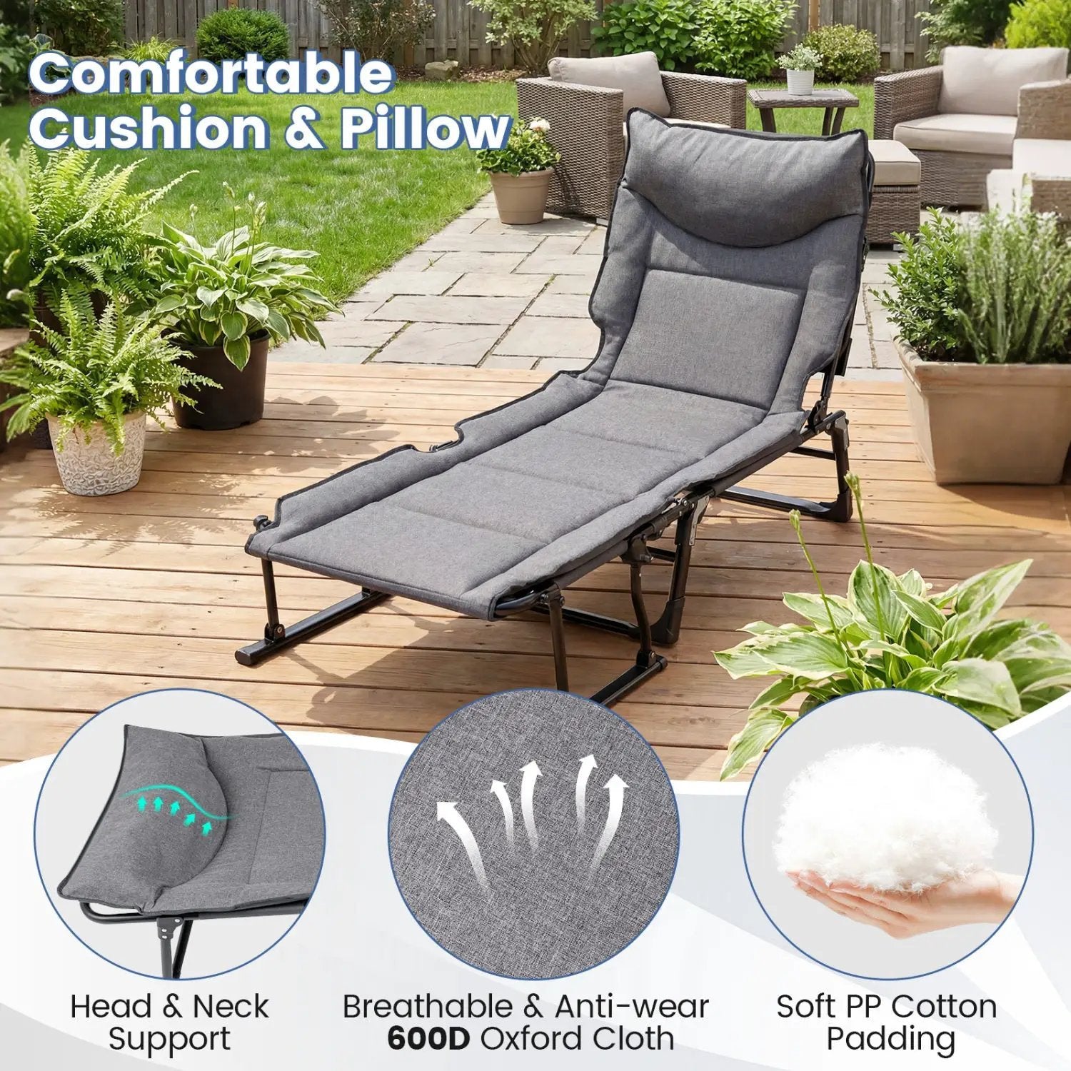 3 in 1 Folding Camping Cot and Comfy Padded Convertible Single Sofa Chair-Gray by DirectDeals